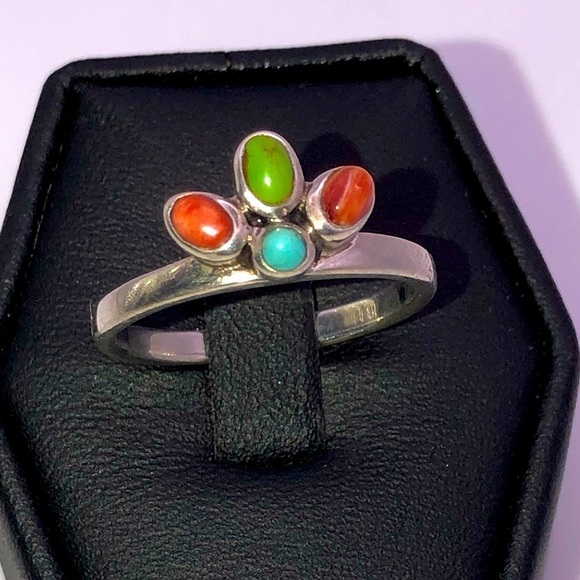 VTG Sterling Turquoise & Coral Stone Stacker Ring Sz 7.75 - Picture 4 of 9